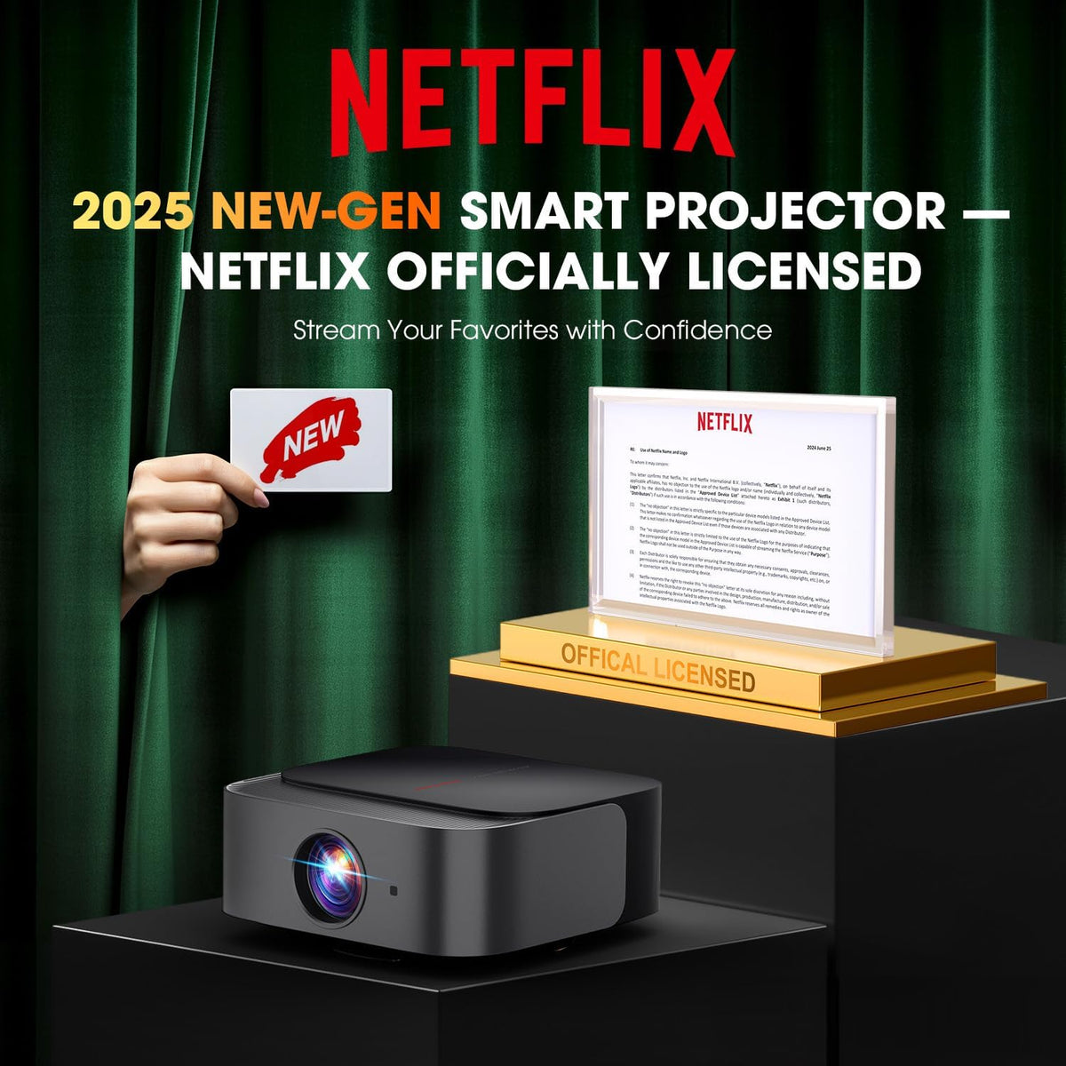 [2025 Netflix-Licensed | 386+ Built-in Apps] DBPOWER E2 Smart Projector with WiFi and Bluetooth, Mini Projector 4K Support with Netflix, Youtube, Disney+, Hulu, Max, Crunchyroll w Portable Case