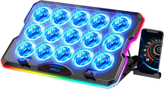 Gaming Laptop Cooling Pad, Laptop Cooler with 15 Quiet Fans for 12-17.3 Inch Notebook, Slim Portable Laptop Cooling Stand with 7 Height Adjustable, 2 USB Ports, Phone Stand