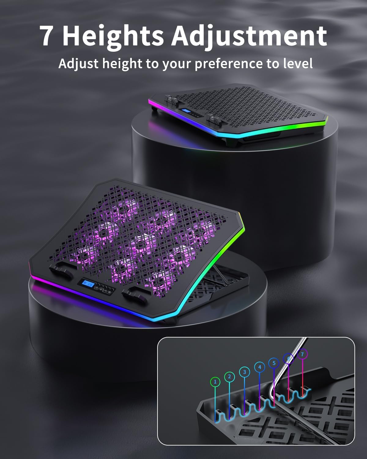 KeiBn Laptop Cooling Pad, Gaming Laptop Fan Cooling Pad with 9 Quiet Fans, RGB Laptop Cooler for 15.6-17.3 Inch, Cooling Pad for Laptop with 7 Height Stands, 2 USB Ports, Phone Stand-Purple