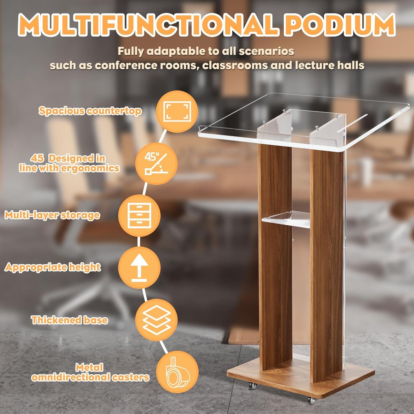 Acrylic Podium Stand, Ultra Clear 43'' Pulpits for Churches with 15 Color Adjustable, Modern Lectern with Storage Sheld for Church,Conference,Speech, 23.62”x 15.75”X 43.3” (Style 2)