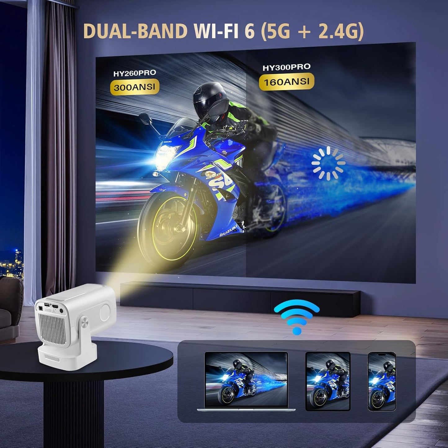 Mini Projector with WiFi and Bluetooth, 4K Full HD 1080P 200ANSI, 180° Rotatable Portable Projector, Auto Focus Movie Projector, Compatible with Smartphone, TV Stick, Laptop, HDMI, USB