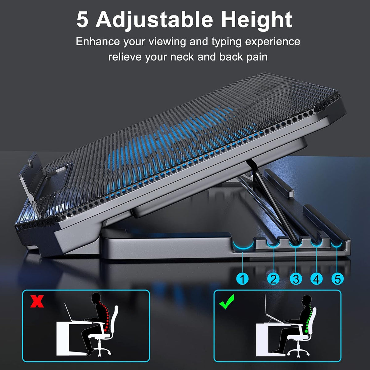 Laptop Cooling Pad with Adjustable Height Two 5.1 Inches Fan 2 USB Ports Suitable for 12"-15.6" Laptops（Black）