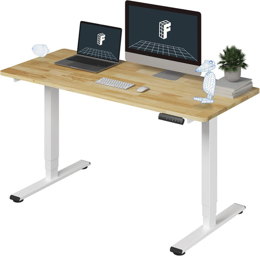 FLEXISPOT E6 Essential Rubber Solid Wood 3 Stages Dual Motor 55x24 Inch Electric Height Adjustable Standing Whole-Piece Board Sit Stand Up Desk (White Frame + Solid Wood Desktop)