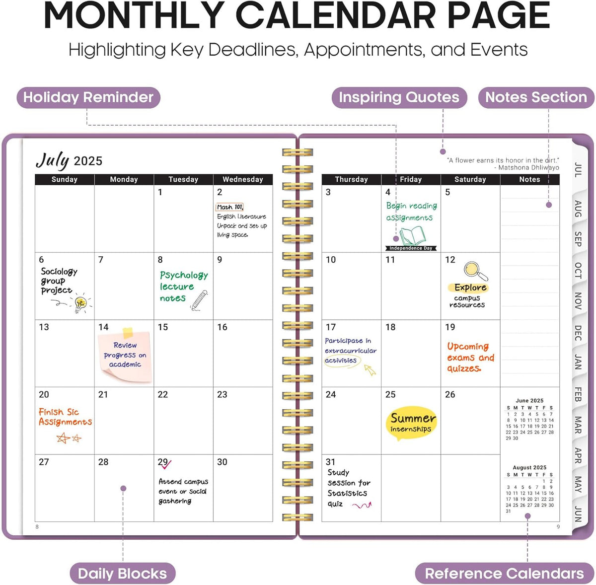 Planner 2025-2026, Academic Year Weekly and Monthly Calender Planner, July 2025 - June 2026, Spiral Bound School Planning Tool, Perfect for Teacher, Student, Women & Men - A5 (6.3" x 8.5"), Purple