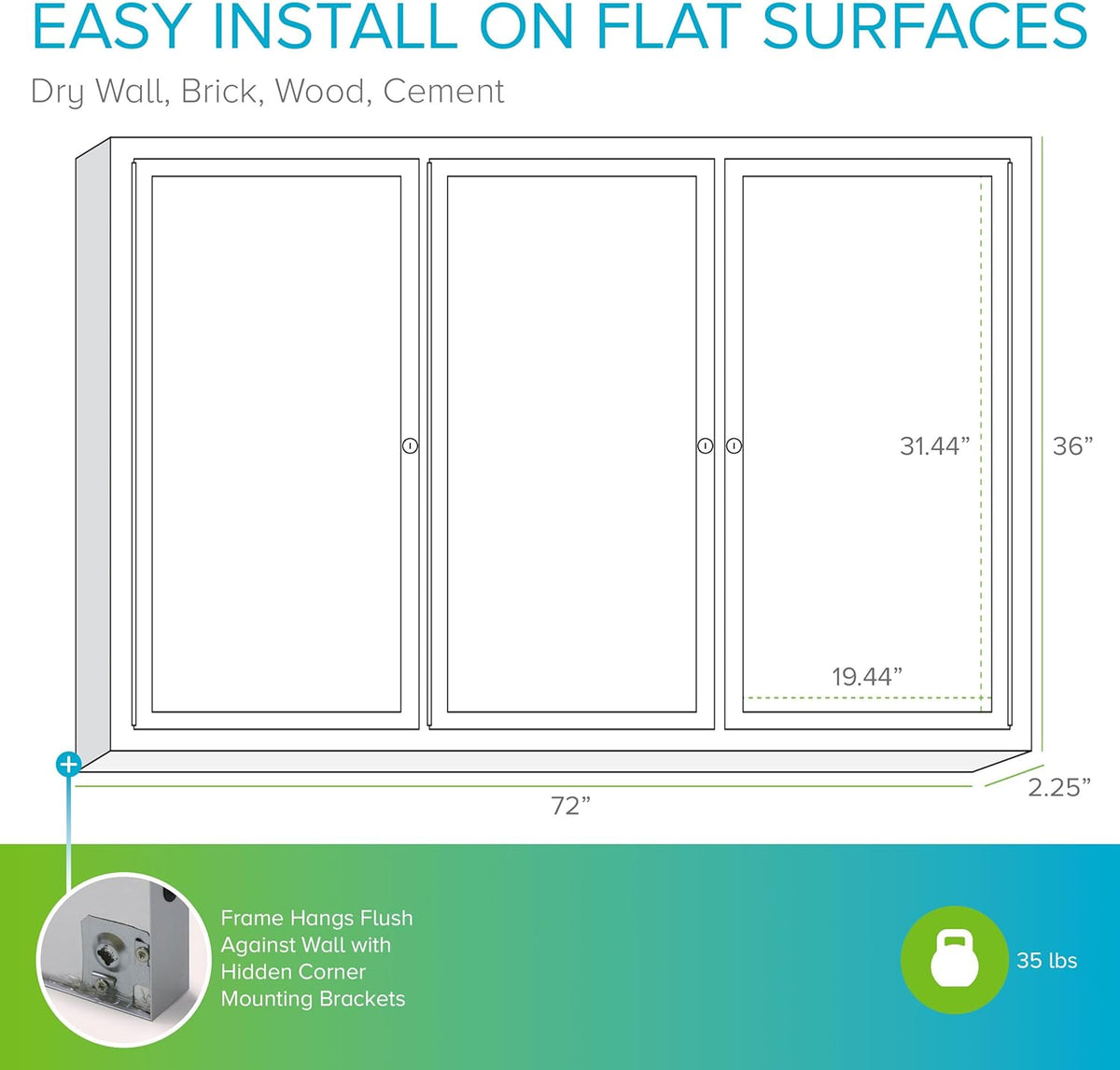 Ghent 36" x 72" 3-Door Outdoor Enclosed Bulletin Board with Lock, Vinyl Material, Shatter Resistant Acrylic Panels, Made in the USA, Satin Aluminum Frame - Caramel