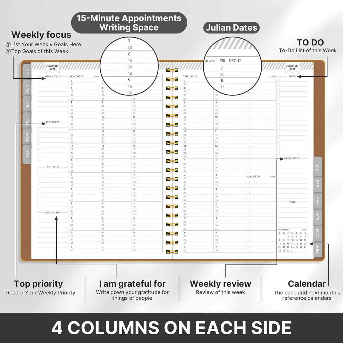 GETINK Appointment Book 2025-2026 Weekly Daily Hourly Planner 8.5"x11" Spiral Bound, Jul. 2025 - Jun. 2026, Laredule Appointment Planner 2025 with 15-Minute Increments, Flexible Cover, Pink