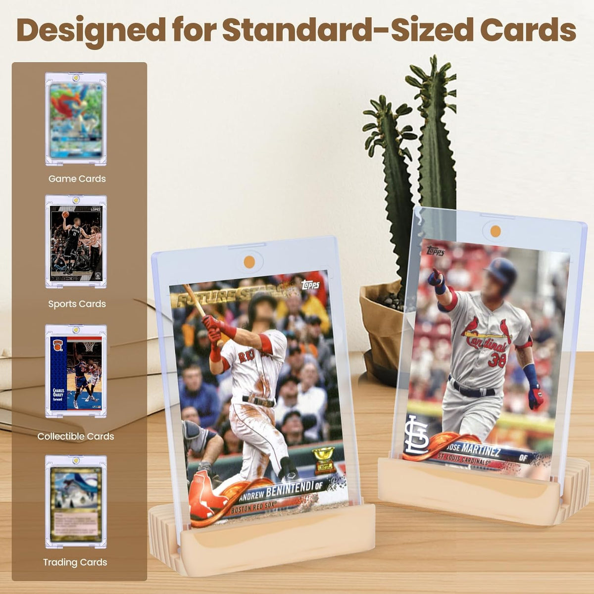 2 Pack Magnetic Card Holders for Trading Cards - 35pt Hard Plastic Card Protectors with 2 Wooden Stands, Baseball Trading Card Stands for Storage and Display, Card Case for MTG, Sports and Game Cards