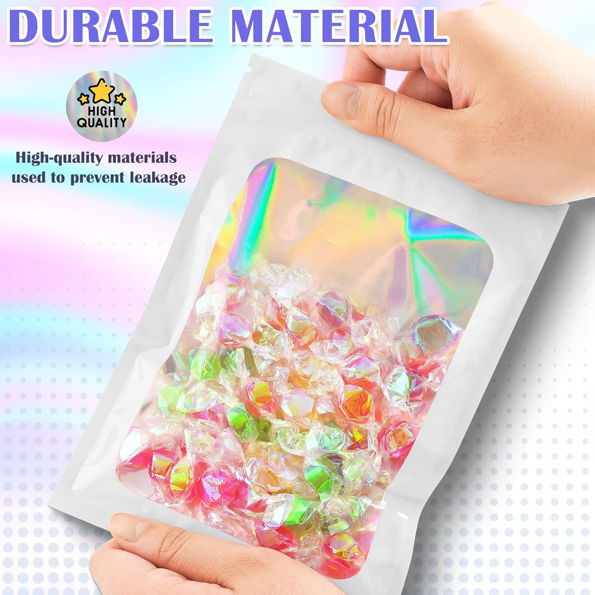 Mylar Bags, 100 PCS Holographic Bag, White Smell Proof Bags with Front Window, Small Business Packaging Supplies, Resealable Bag for Food Storage, Bracelets, Jewelry, Sample （2.8x3.9in）