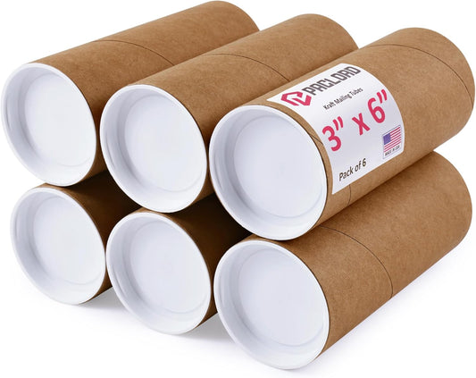 3" x 6" Reinforced Kraft Paper Mailing Tubes, Pack of 6 Tubes with 2 Caps Each – USPS Approved Poster Tube – Made in USA Cardboard Tube for Shipping and Storing Posters, Prints, Artwork, or Documents