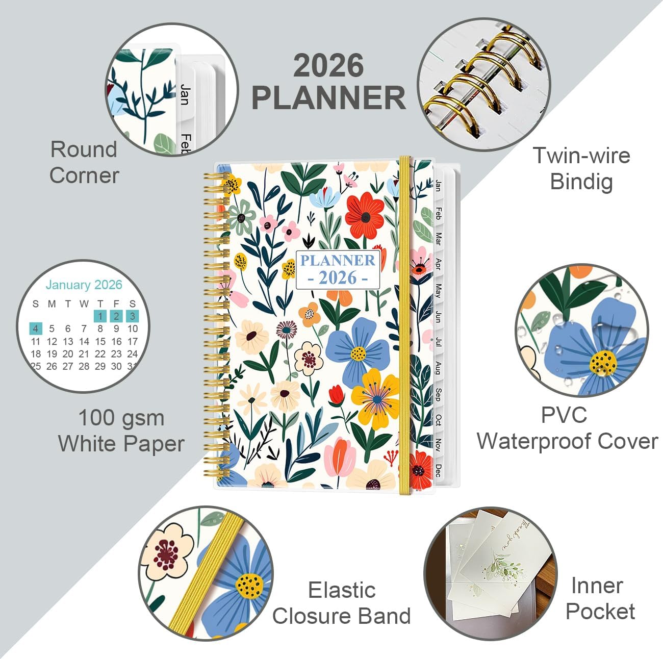 2026 Planner - Planner 2026 from January 2026 - December 2026, Weekly & Monthly Planner Spiral Bound with 12 Monthly Tabs, Inner Pocket, 6.4" x 8.5", Flower-B
