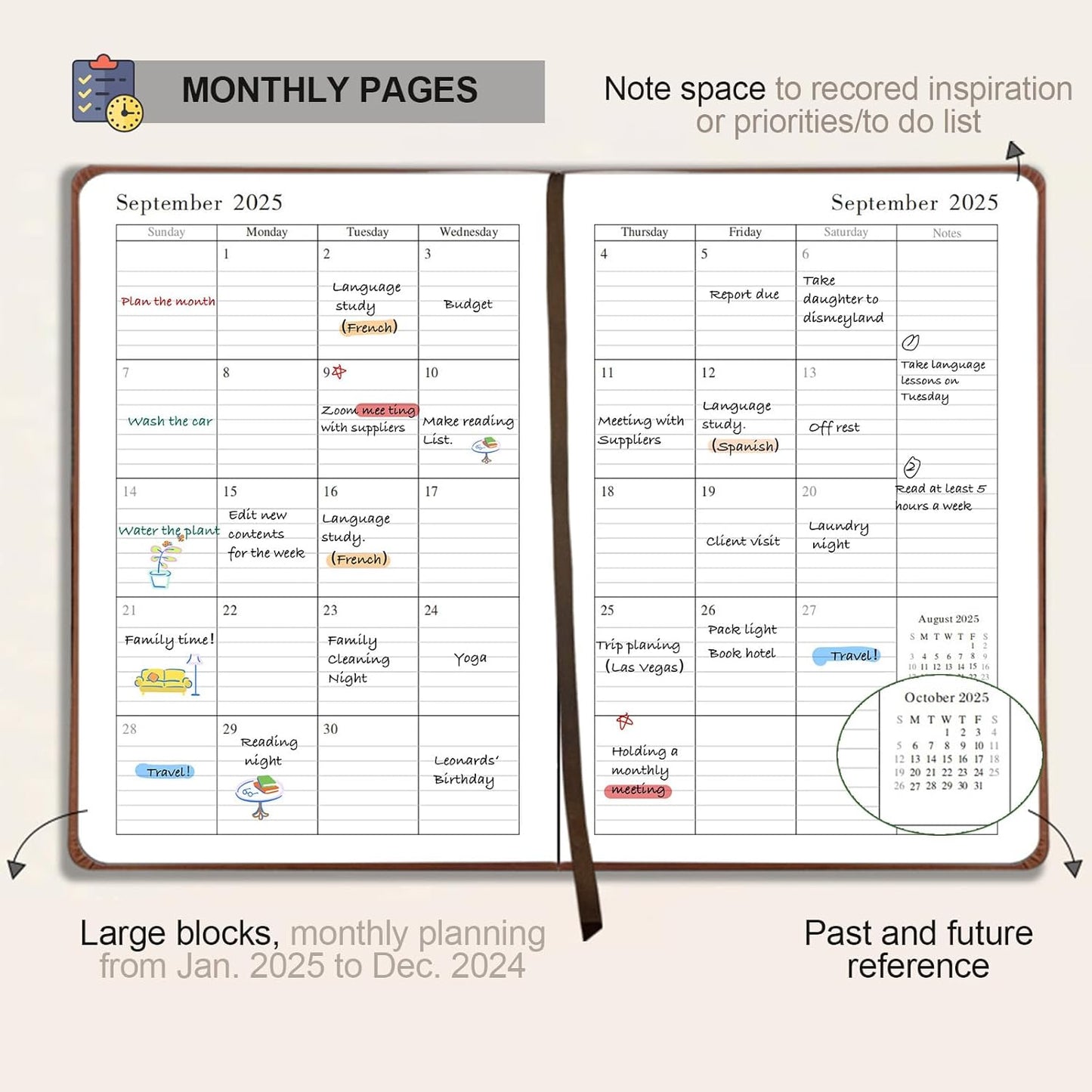 Daily Planner 2025-2026, Academic Planner 2025-2026 Weekly and Monthly Planner, Calendar Book with Hourly Schedule 8.5"x5.8", July 2025 to June 2026, Faux Leather Cover (Red)