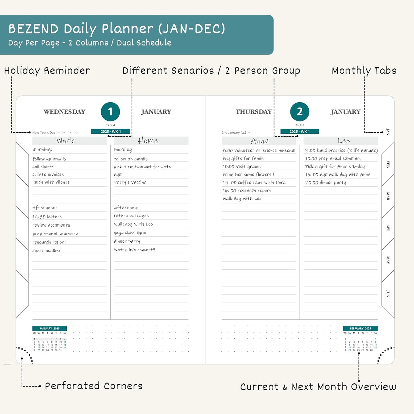 BEZEND Daily Planner 2026 (6" x 8.5") Full Page per Day Even Weekend (Jan-Dec) Monthly Calendar with Tabs, 2 Columns for Dual Schedule with Note, Vegan Leather Hardcover in Fruit Green