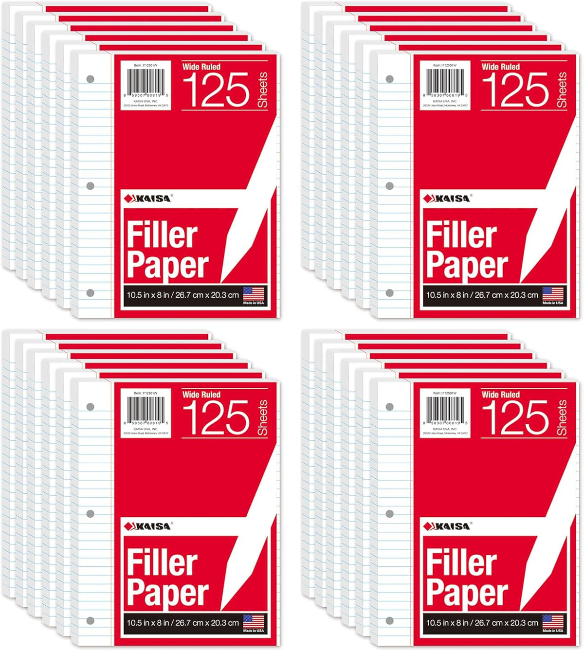 Kaisa Notebook Paper - 24 Pack, 8x10.5, Wide Ruled, 3-Ring Binder, 125 Sheets/Pack, 3-Hole Punch