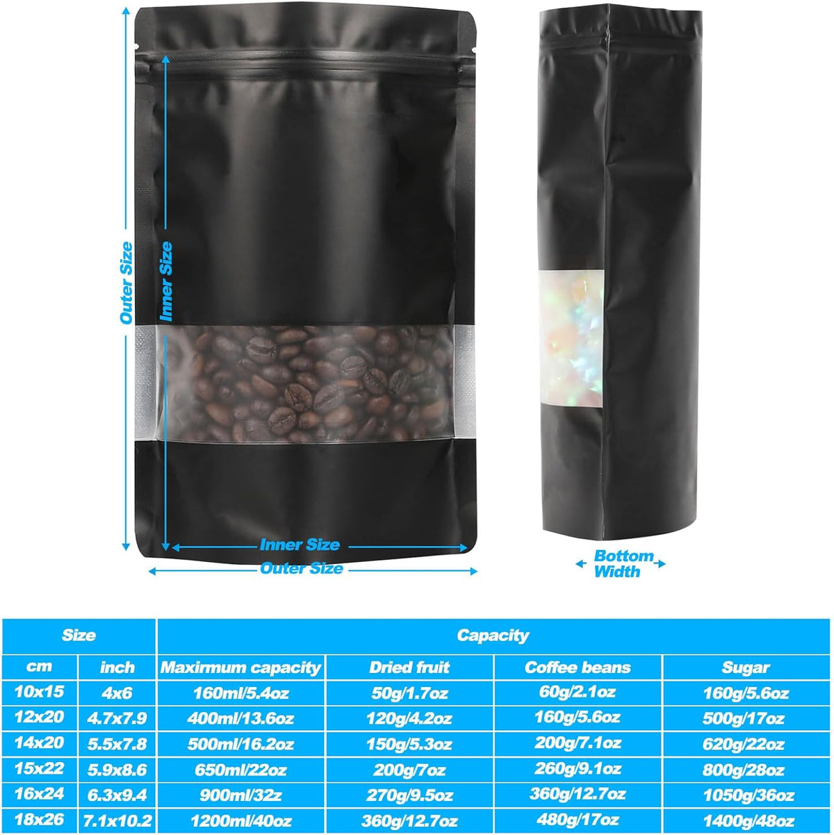 100 Pack Smell Proof Bags, Resealable Mylar Bags with Matte Window, Foil Pouch Stand-up Bags for Food Self Sealing Storage, Scratch Resistant Hand Storage Bags. (Black, 7×10 Inch)