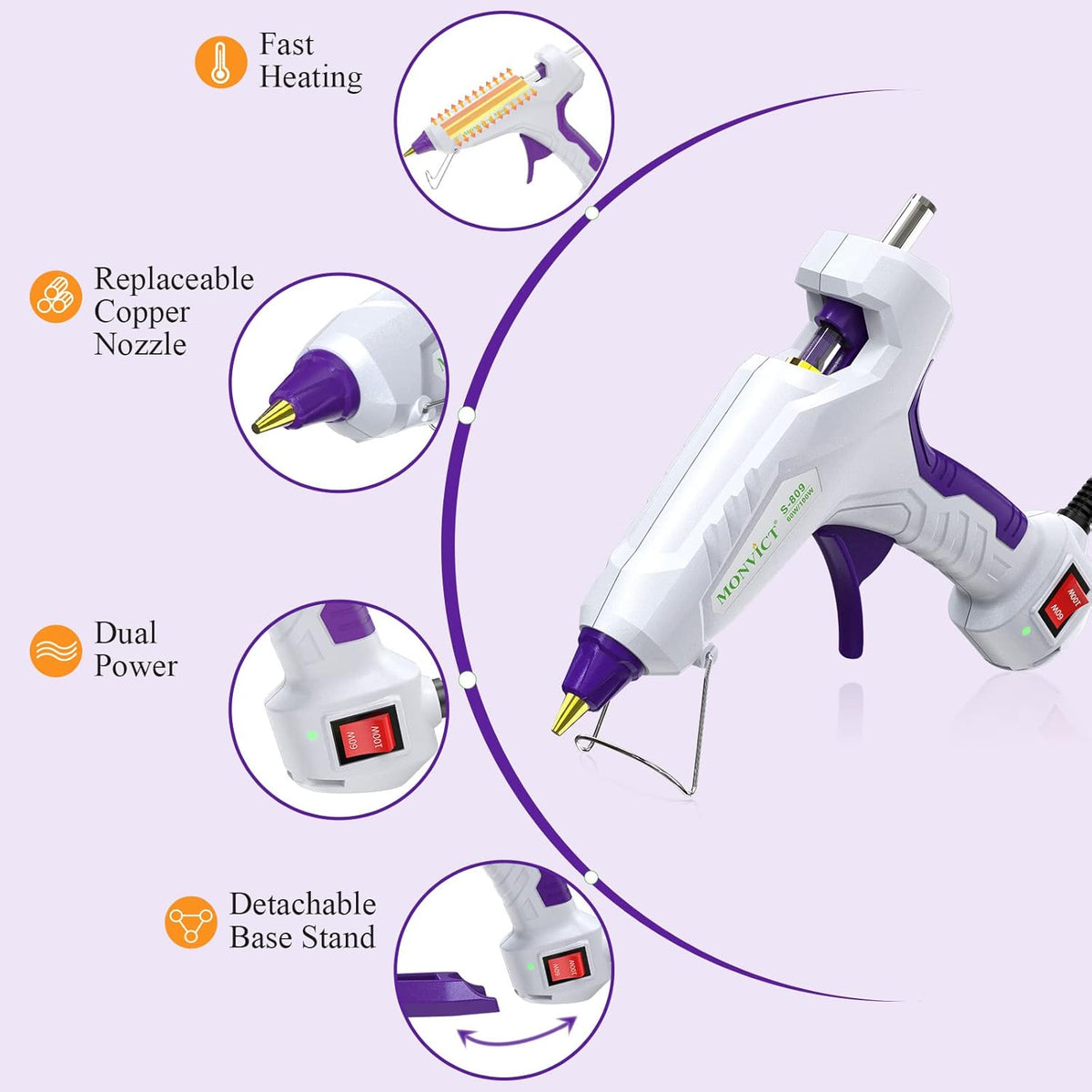 Full Size Hot Glue Gun, MONVICT Dual Temp Glue Gun 60/100W Base Stand Heavy Duty Melt Glue Gun Kit with 15 Pcs Glue Sticks & 3 Finger Protectors for Sealing Wax, Quick Repairs, DIY, Art & Crafts