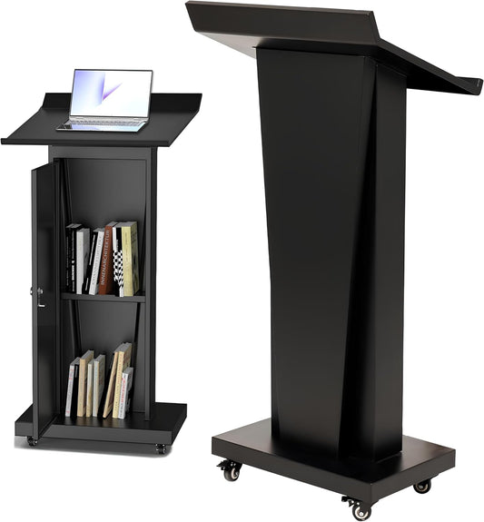 Tredre Metal Podium Stand with Wheels, Heavy-Duty Rolling Lectern for Classroom, Church & Office Presentations, Large Top, Locking Casters, Stable Base
