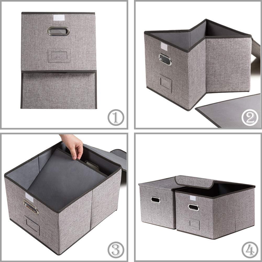 PRANDOM File Organizer Box - Set of 4 Collapsible Decorative Linen Filing Storage Hanging File Folders with Lids Office Cabinet Letter Size (15x12.2x10.75 inch)