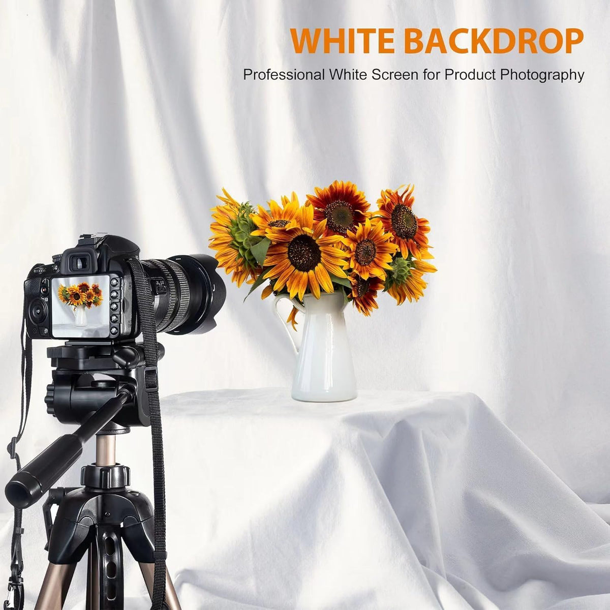 8 x 10 FT White Backdrop - Premium Polyester for Video Streaming, Portrait Photoshoot, Wall Mounted, Parties and Small Events