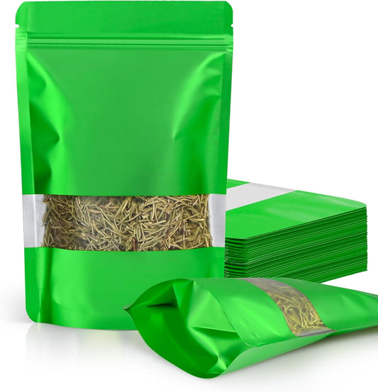 FireKylin 100 Pack Smell Proof Bags 7.1" x 10.2", Resealable Bags with Matte Window, Foil Pouch Stand Up Sealable Bags for Packaging（Green）
