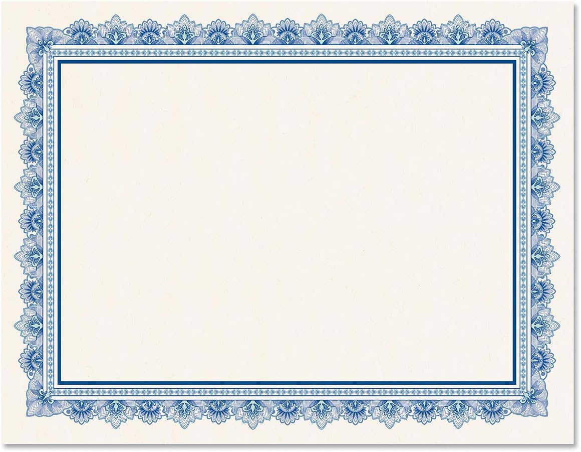 Intricate Blue & White Parchment Certificate Papers - Pack of 25, Laser & Inkjet Printer Compatible, For Office, Business Awards, Graduation, School Diplomas, 8-1/2" x 11" on 60 lb. Text Stock