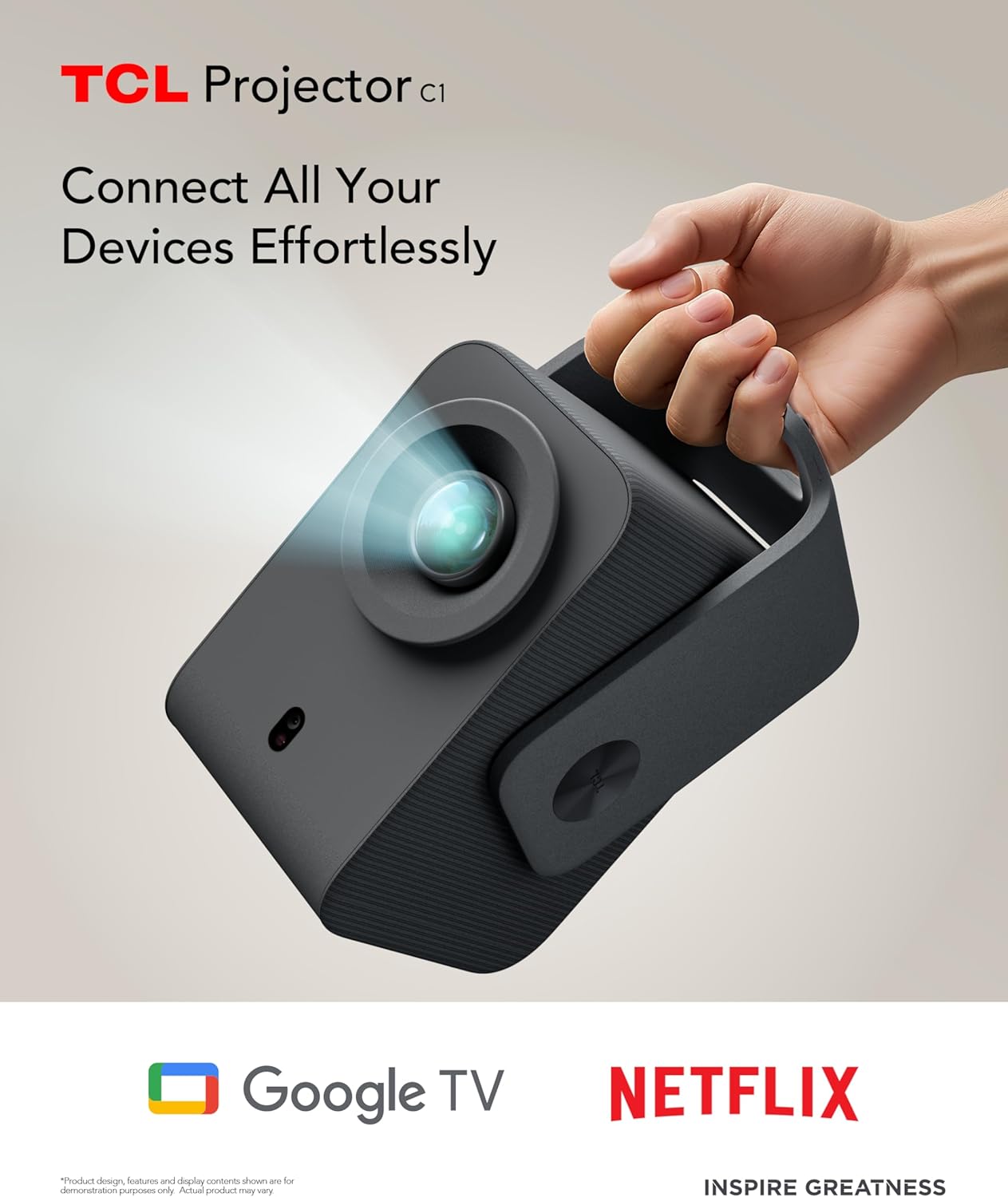 TCL C1 GTV Portable Projector, Native 1080P, Built-in Gimbal, Netflix Officially Licensed, WIFI and Bluetooth, 30,000-Hour Life, Auto Focus, 8W Dolby Digital Audio, 120'' Screen, Ceiling Projection