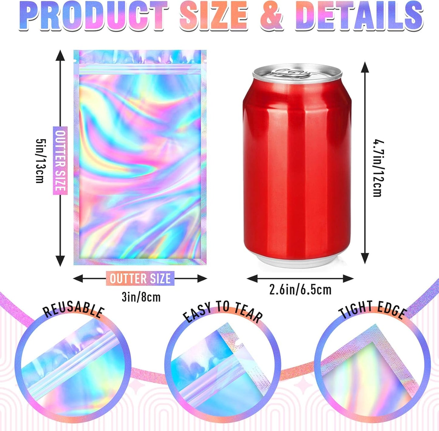 Mylar Bags, 100 PCS Holographic Bags, Smell Proof Bag with Sealing Strip, Resealable Bag (3x5 Inch)