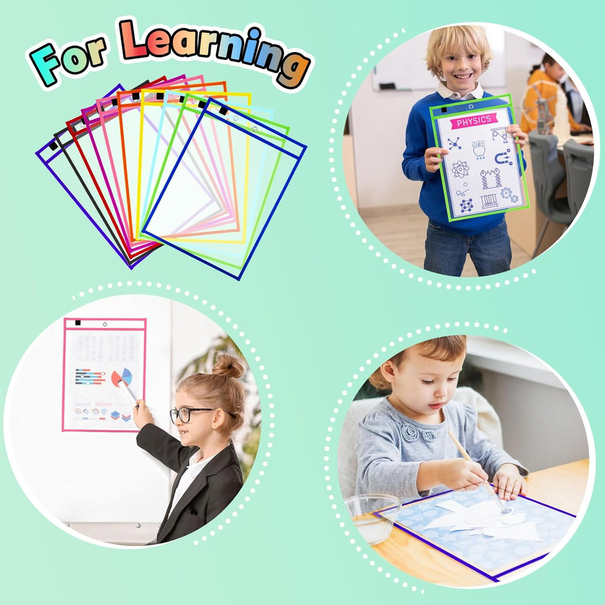 30 Packs Dry Erase Pocket Sleeves with 2-Ring, Reusable Clear Plastic Classroom Sleeves, 10x14 Inch Ticket Holders, for School/Office Organization
