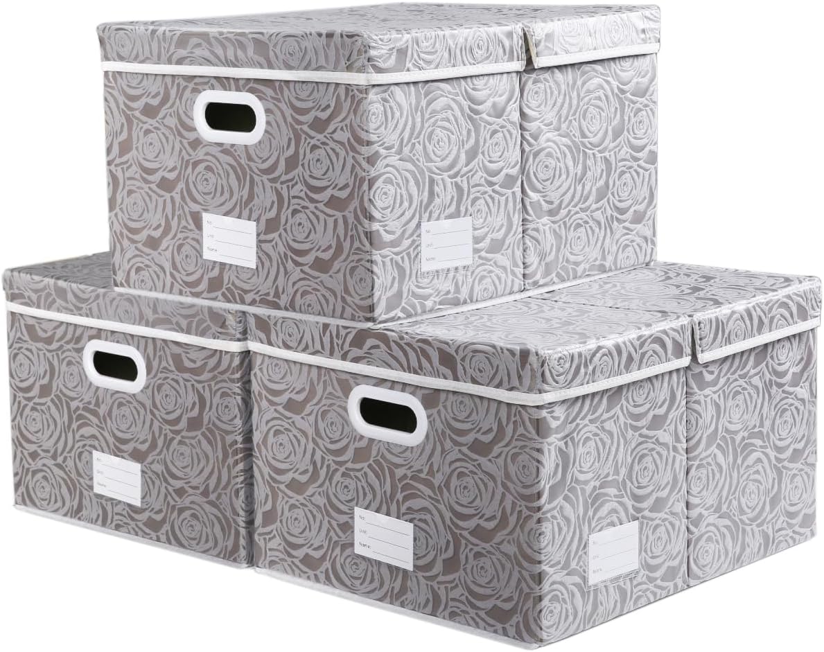 PRANDOM Jumbo Collapsible Storage Boxes with Lids Fabric Decorative Storage Bins Cubes Organizer Baskets with Cover Handles Divider for Bedroom Closet Living Room 23.2x15.7x11.6 Inch 3 Pack