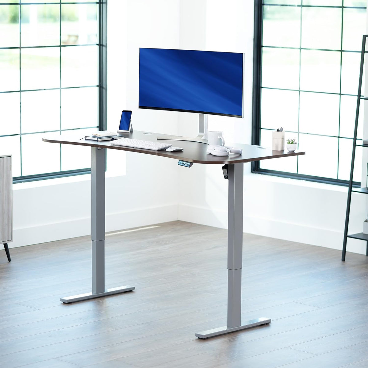 VIVO Electric 63 x 32 in Standing Desk, Memory Height Adjustment, 1B Series, Dark Walnut Top Gray Frame, DESK-KIT-1G1D