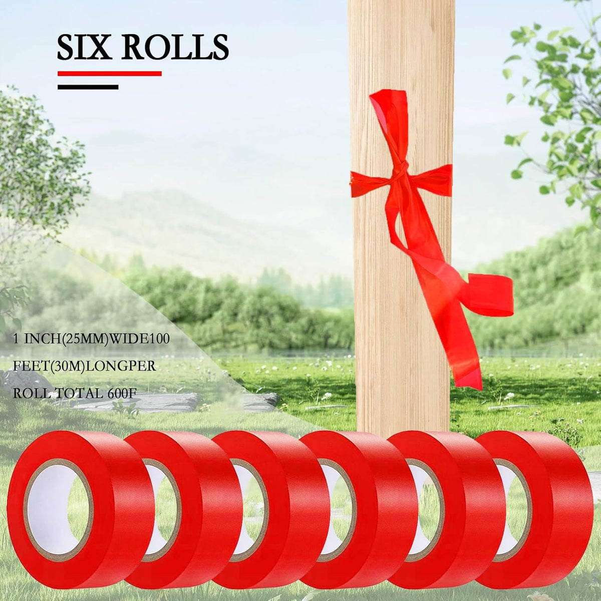 6 Pack Red Flagging Tape, Non-Adhesive Plastic Ribbon Neon Marking Roll, 1inch*600ft, Marking Tape for Tree Marking, Hunting, Boundaries and Hazardous Areas,Trail Marking