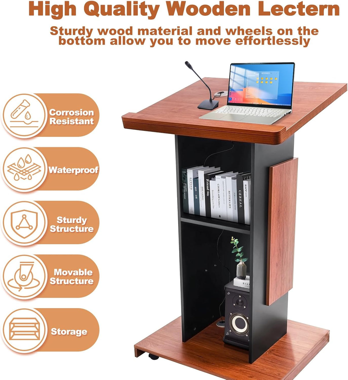 47’’ Customized Wooden Podium Stand with 4 Wheels, Portable Lectern Churches with Wire Hole, Pulpits Stand with Storage for Churches, Office, School Home Conference Restaurant Meeting