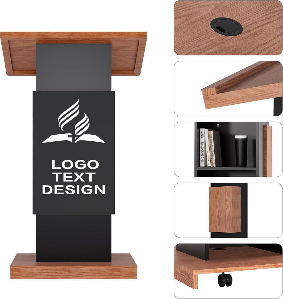 Customizable Logo & Text Podium Stand,Wood Lectern with Lockable Wheels,15MM Particle Board,Church Pulpit with Storage, Mic Stand Space,Wooden Podium for Seminars and Schools (Customized B)