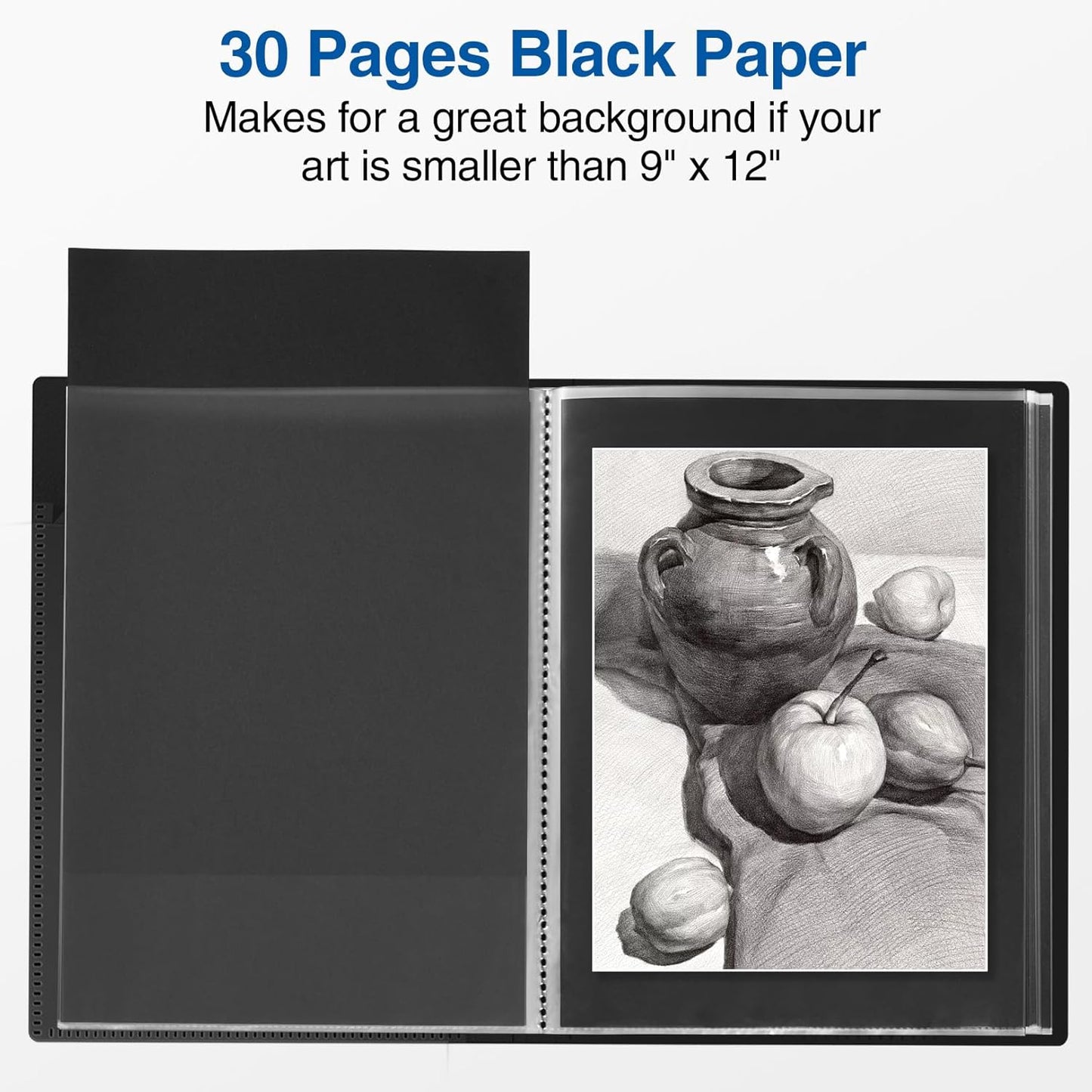 Sooez Art Portfolio 9x12, 30 Pockets with 30 Black Paper, Binder with Plastic Sleeves, Display 60 Pages, Presentation Book for Artwork, Folders Binder for Office School
