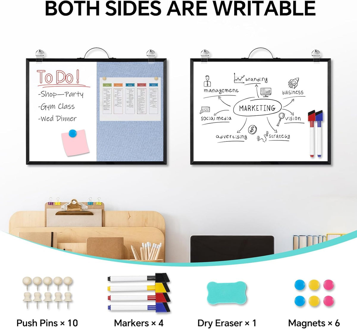 White Board Linen Bulletin Board Combo, 16"x12", Double-Sided Magnetic Dry Erase Cork Board for Walls, Aluminum Frame Small Pin Board with Handles for Home, Office, School, Light Blue Felt