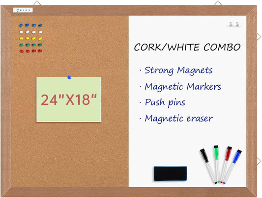 Combination Magnetic Whiteboard Cork Bulletin Board, 24" X 18“ Combo Dry Erase White Board Cork Pin Board for Wall with Natural Wood Frame…