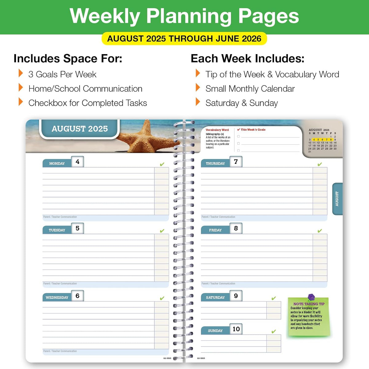 Global Datebooks Dated Middle School or High School Student Planner for Academic Year 2025-2026 Includes Ruler/Bookmark and Planning Stickers (Block Style - 5.5"x8.5" - Kraft Doodles)