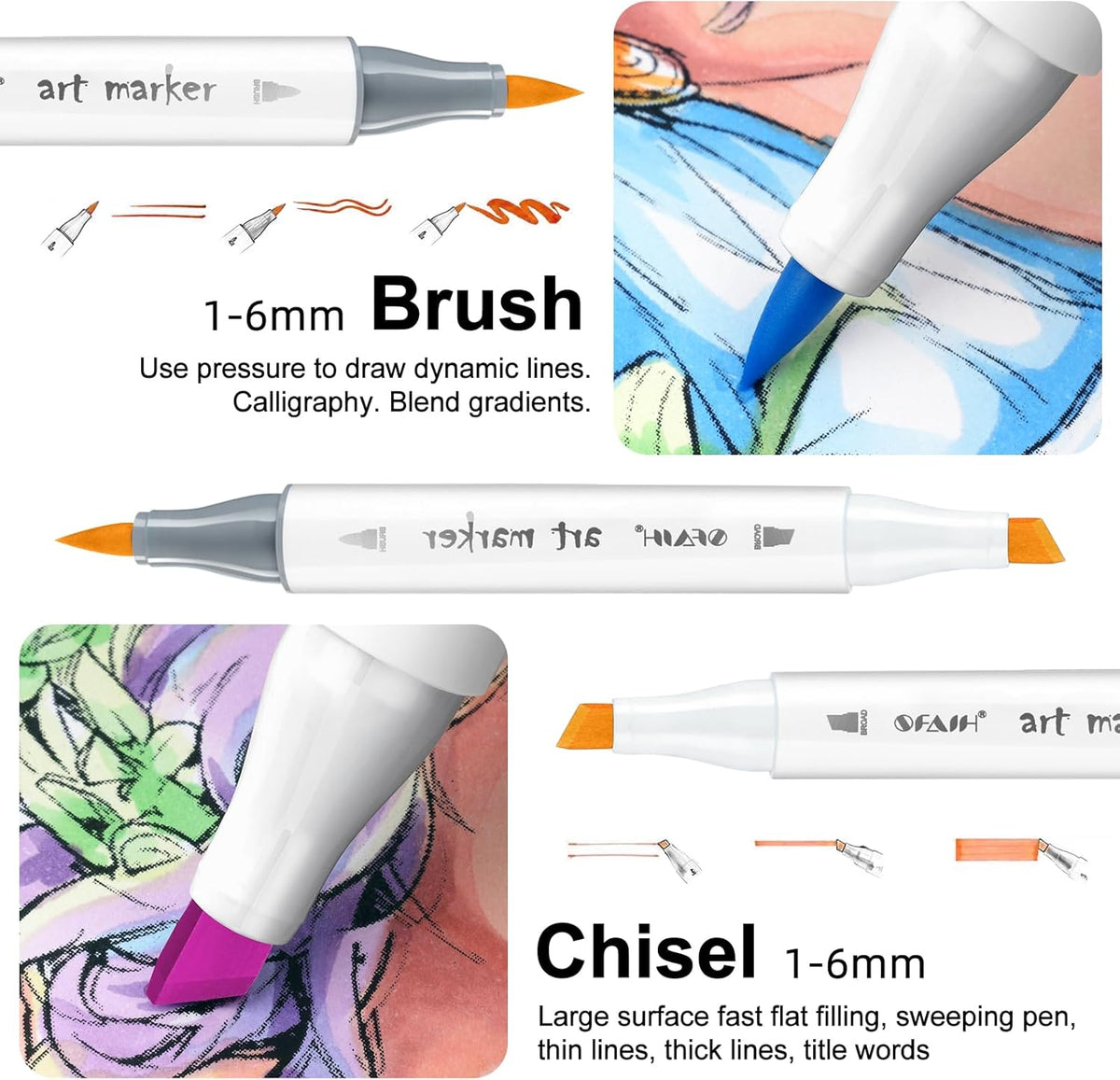 SFAIH Alcohol Markers Brush & Chisel - 168 Colors Double Tipped Art Markers for Adult Coloring Illustration, Gifts for Artist Adult - Adjustable Shoulder Strap & Faux Leather Lining & Outer Zip Pocket