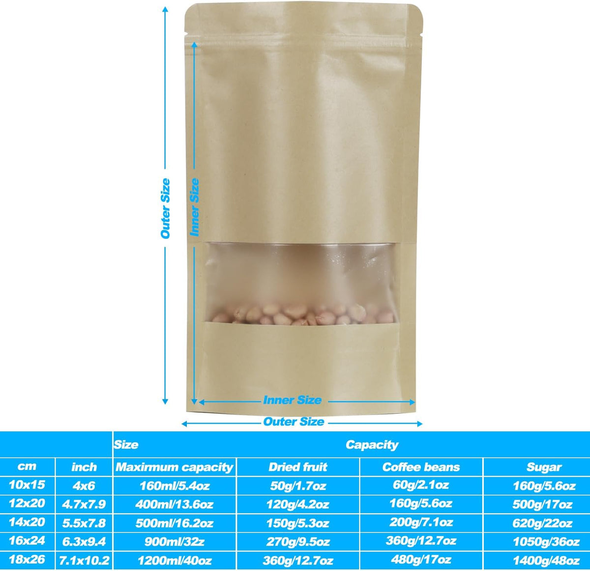 100 Pack Bags, Resealable Bags with Clear Window, Stand-up Bags for Sealing Storage, Scratch Resistant Hand Storage Bags. (Kraft Paper, 4.7×7.9 Inch)