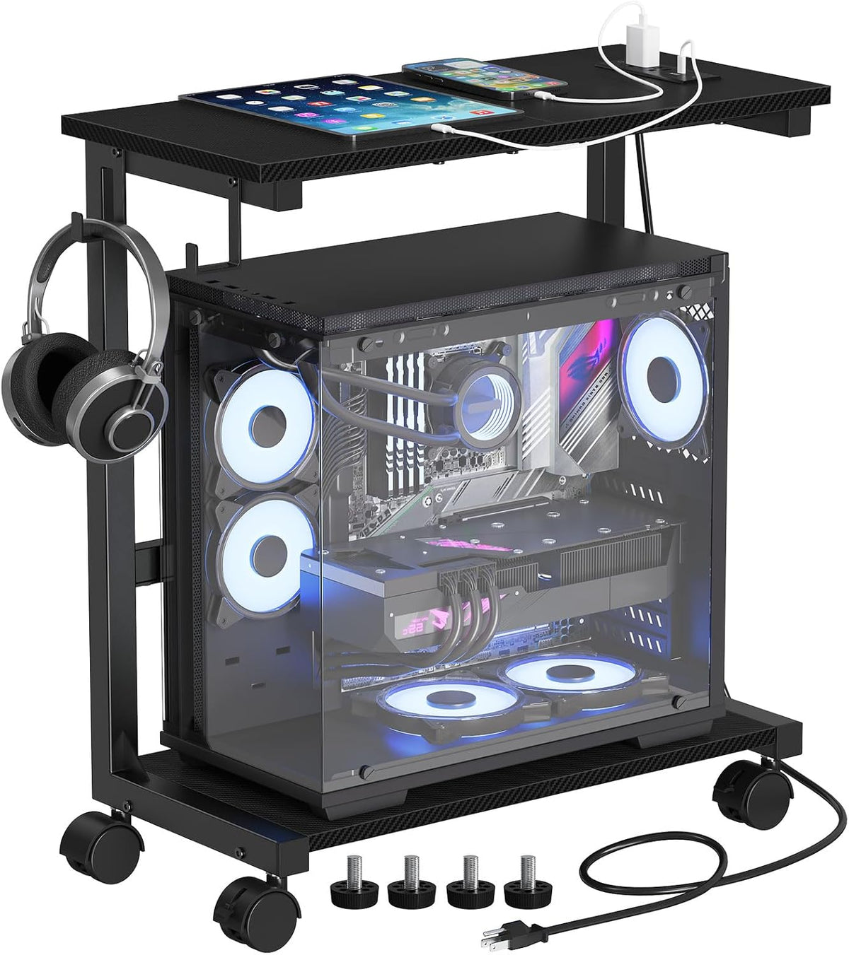 Snughome Computer Tower Stand with Charging Station, 25.0-32.1 Inches Height Adjustable PC Tower Stand for Floor, Mobile PC Holder with Wheels Computer Cart for Home Office