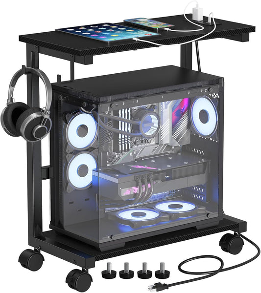 Snughome Computer Tower Stand with Charging Station, 25.0-32.1 Inches Height Adjustable PC Tower Stand for Floor, Mobile PC Holder with Wheels Computer Cart for Home Office