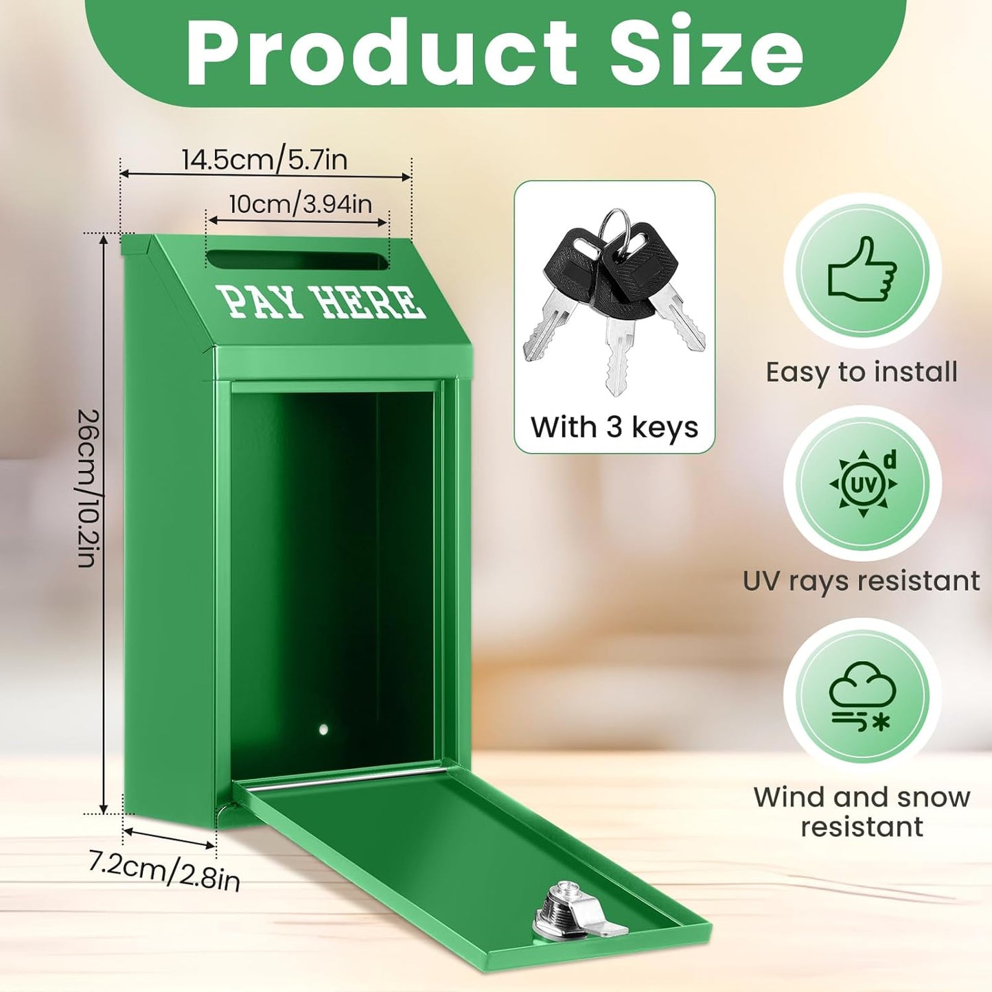 Safe Cash Box Money Collection Metal Donation Box with Lock Wall Mount Pre Drilled Mailbox Delivery Ballot for Home Office Outdoor Self Serve Stand(Green,10.2 x 5.7 x 2.8 Inch)