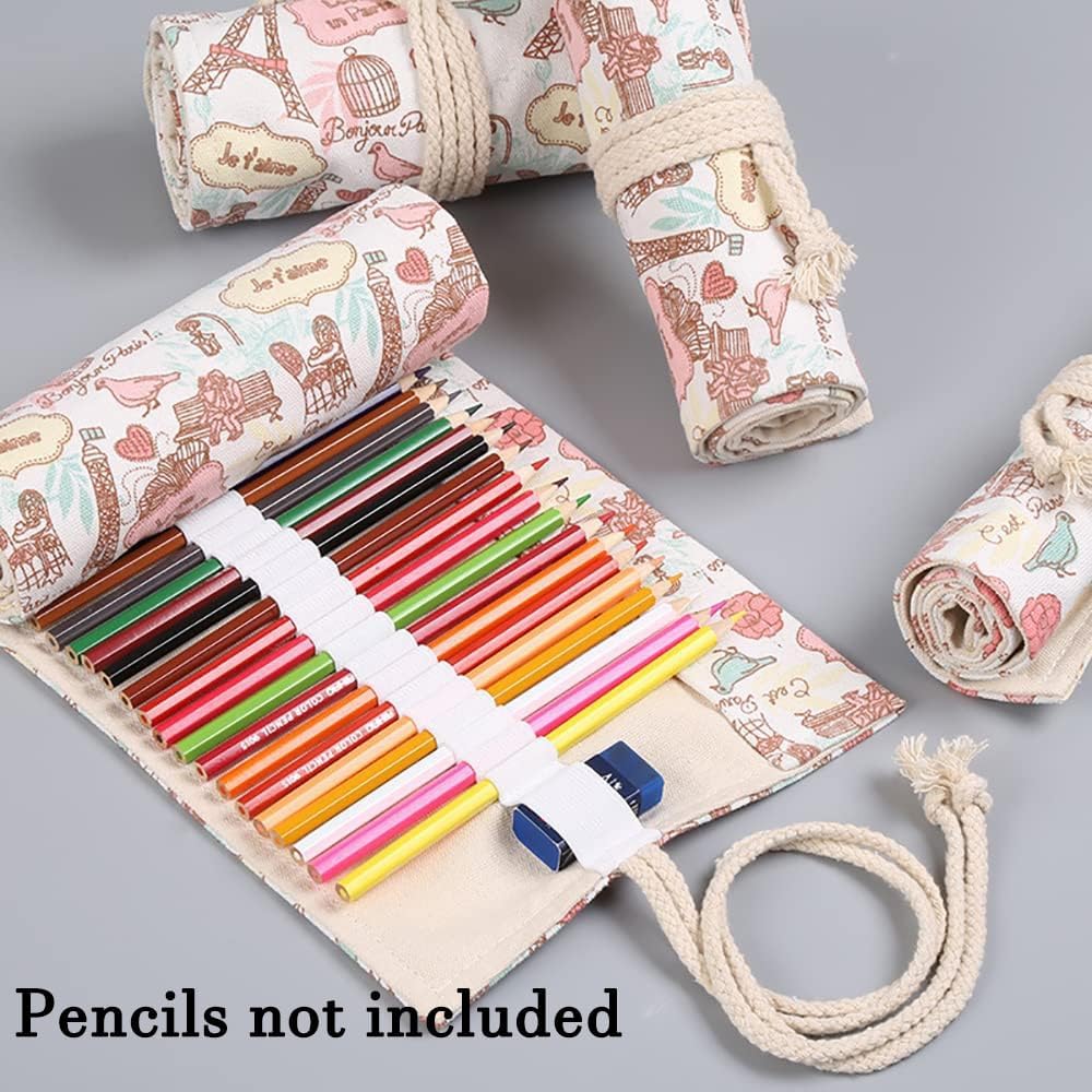 DIYOMR 24/36/72 Slots Pencil Wrap Pencil Rolls, Artist Colored Pencils Roll Up Bag Short Brushes Pouch Case Pencils Organizer for Drawing Coloring and Sketching (Paris Tower, 24slots)