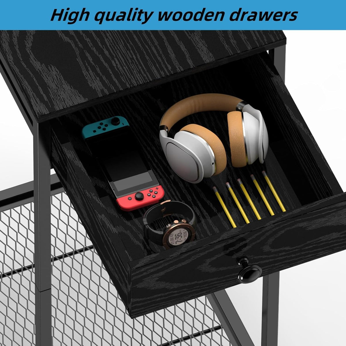 2 Tier Computer Tower Stand with Drawer, CPU Holder Stand with Charge Station and USB Charging Port, Printer Cart with Wheels for Home Office Fax, Black