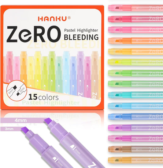 Pastel Highlighters, 15 Pack Bible Highlighters Assorted Colors, 4mm & 3mm Dual-Chisel Tip Highlighter Pens, Pastel Markers No Bleed Through for Journaling, Coloring, Bible Study Supplies
