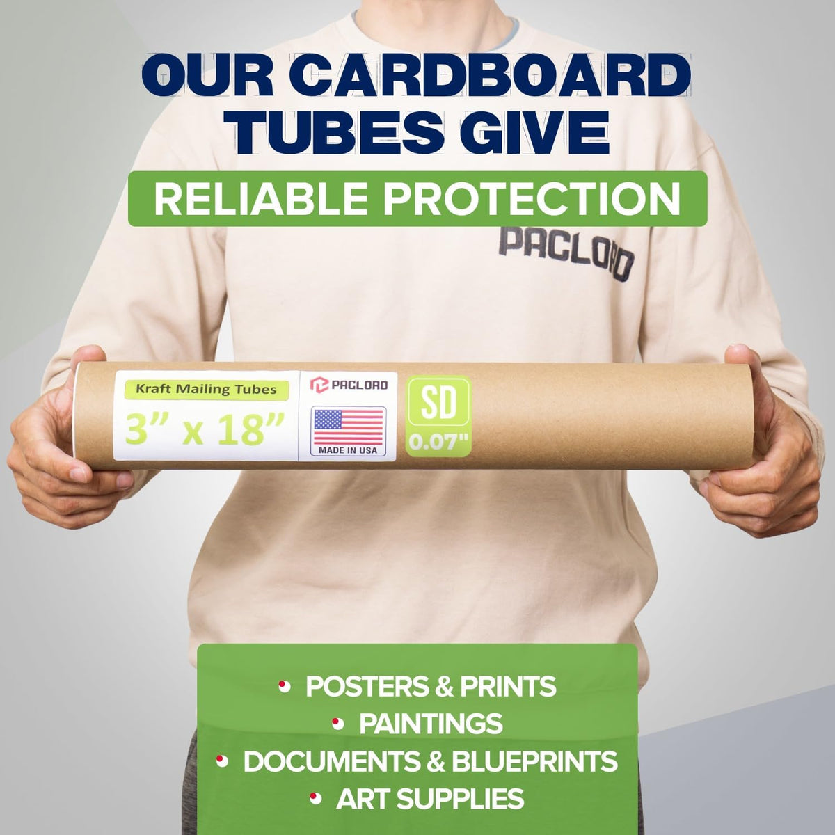 3" x 18" Reinforced Kraft Paper Mailing Tube, Pack of 1 Tube with 2 Caps – Secure USPS Approved Poster Tube – Cardboard Tube for Shipping and Storing of Posters, Prints, Artwork, or Documents