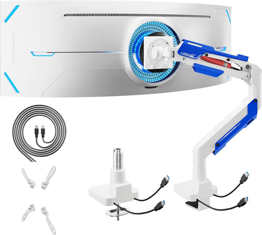 ARES WING Heavy Duty Ultrawide Monitor Arm - Gas Spring Aluminum Monitor Mount with USB for 24"-57" Curved Screens up to 66 lbs with Clamp/Grommet Desk Mount, 75/100/200 Vesa Mount, White