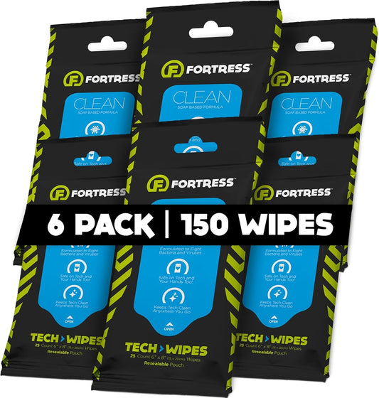 Fortress Electronic Wipes (25 ct, Pack of 6) To-Go Tech Wipes for Screens, Phones, Keyboards, TV Monitors, Computer Screens, and More [Travel Size] Skin-Safe