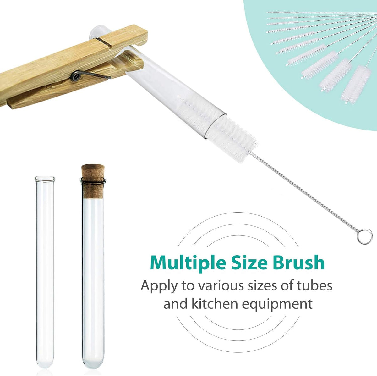 CiaraQ Bottle Cleaning Brushes, 8 Inch Nylon Tube Brush Set, Cleaner for Narrow Neck Bottles Cups with Hook, Set of 10pcs. White