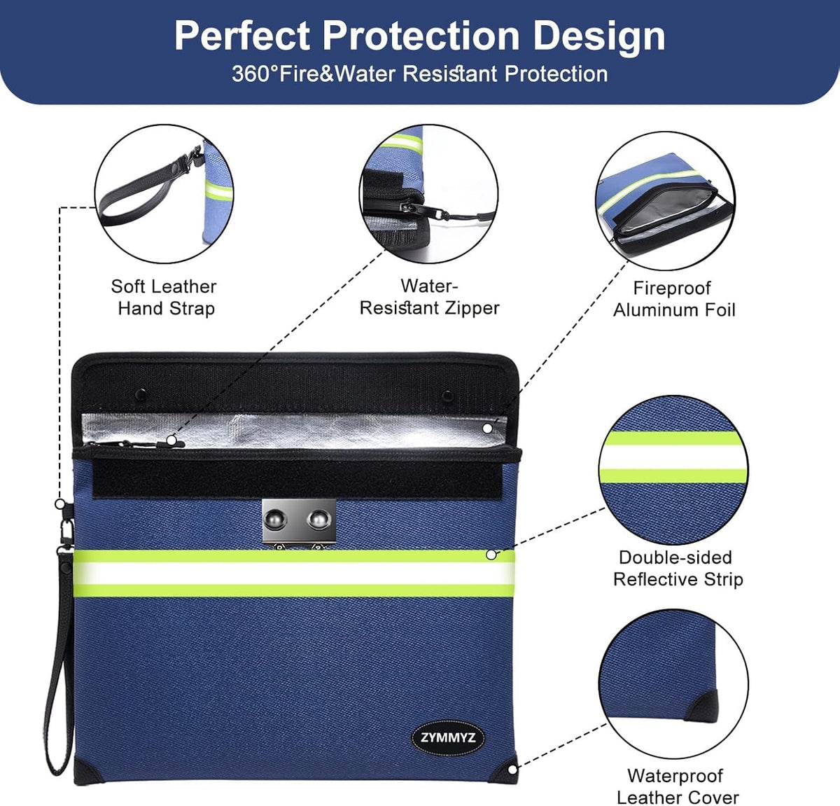 6200°F Fireproof Money Bag with Lock,9 Layers of Heat Insulated Materials,Upgraded Fireproof Zipper/Reflective Strip,Water Resistant Fire proof for Cash,A5 documents