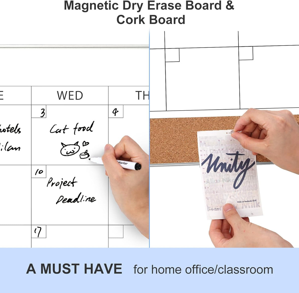 ARCOBIS Dry Erase Calendar with Cork Board for Wall, 36"x 24" Magnetic Calendar Whiteboard with Silver Frame, Monthly Combination Board for School, Home, Office